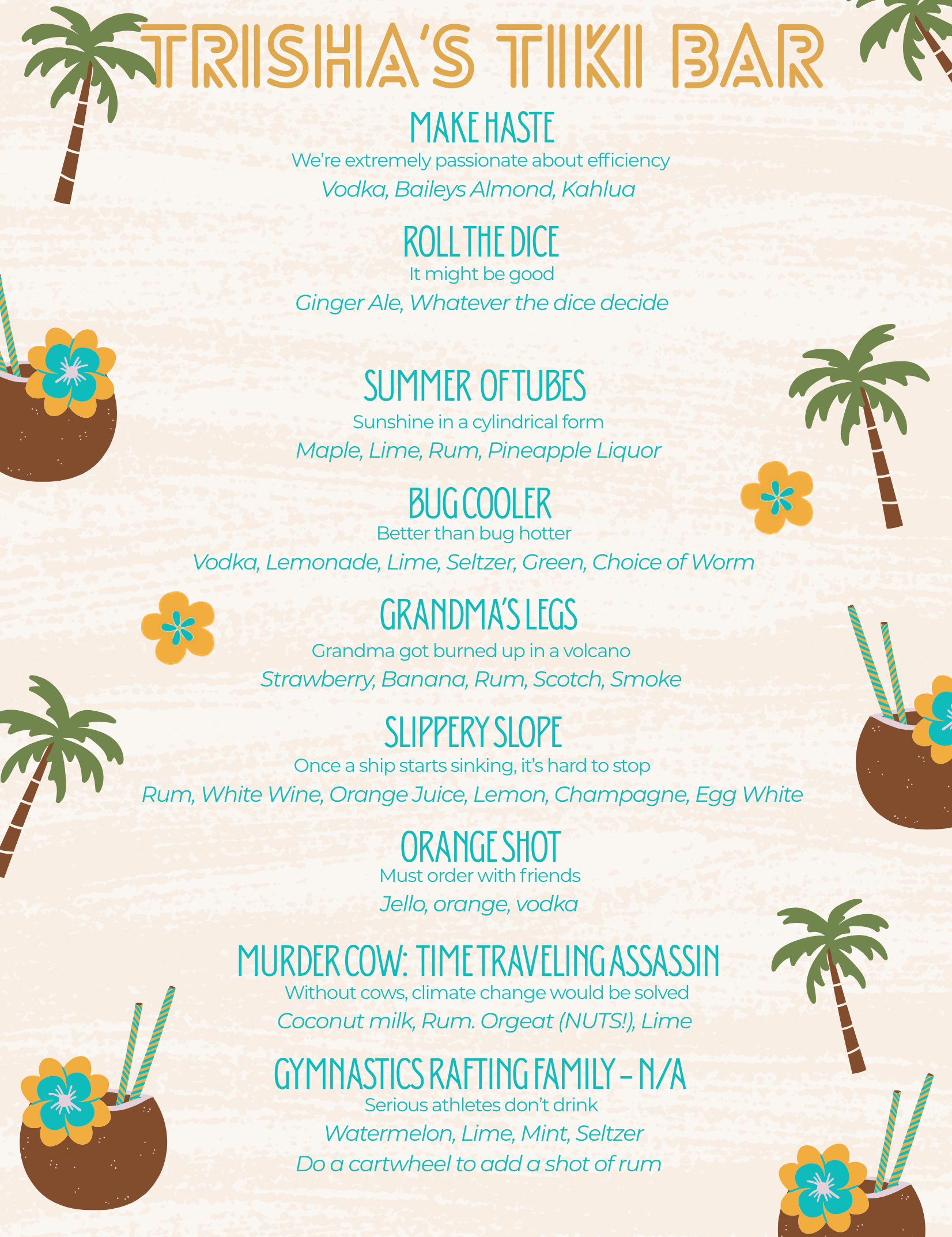 Trisha's Tiki Bar Drink Menu